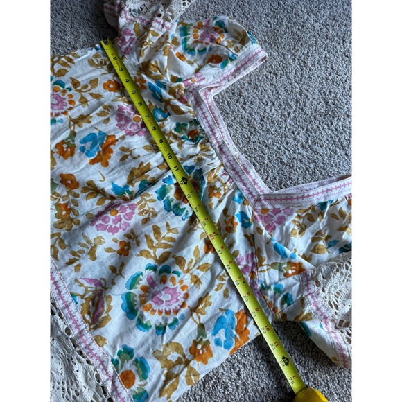 Floral Linen Blend Crochet Puff Sleeve Blouse XL Multicolor Fairycore boho - Picture 7 of 11